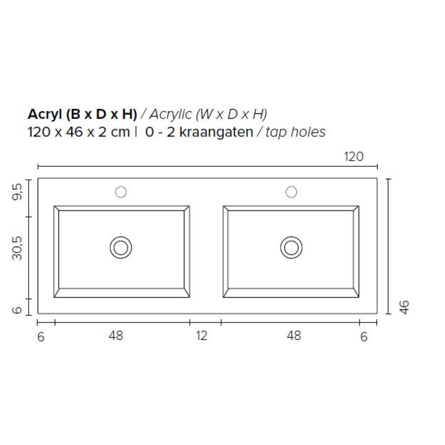 Badkamermeubel Boss & Wessing Pepper Acryl Wastafel Incl Spiegel Twee Kraangaten 120x55x46 cm Antraciet