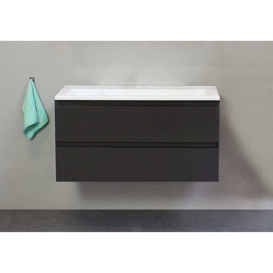 Badkamermeubel Boss & Wessing Pepper Acryl Wastafel Incl Spiegel Zonder Kraangat 100x55x46 cm Antraciet