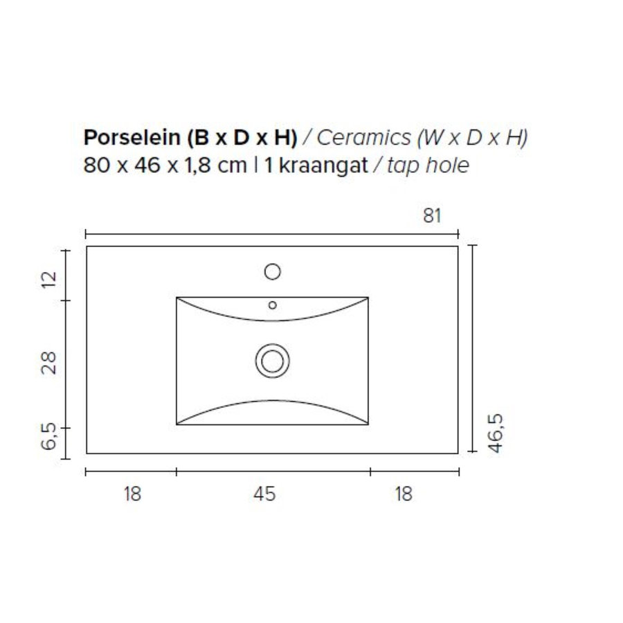 Badkamermeubel Boss & Wessing Pepper Wastafel Porselein Incl Spiegel En Kraangat 80x55x46 cm Antraciet