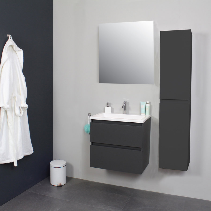 Badkamermeubel Boss & Wessing Pepper Acryl Wastafel Met Kraangat Inclusief Spiegel 60x55x46 cm Antraciet