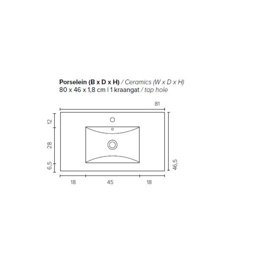 Badkamermeubel BWS Pepper Wastafel Porselein Incl Spiegelkast 2 Deurs Met 1 Kraangat 80x55x46 cm Wit