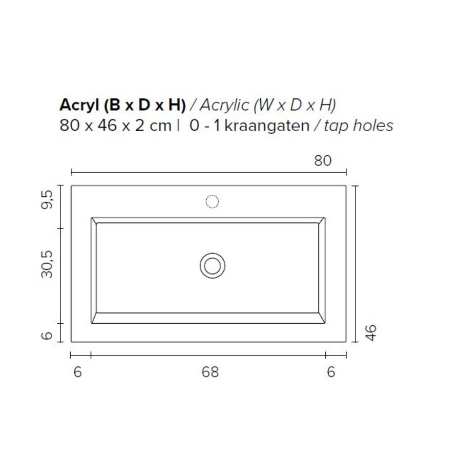 Badkamermeubel BWS Pepper Wastafel Acryl Incl Spiegelkast 2 Deurs Met Kraangat 80x55x46 cm Wit
