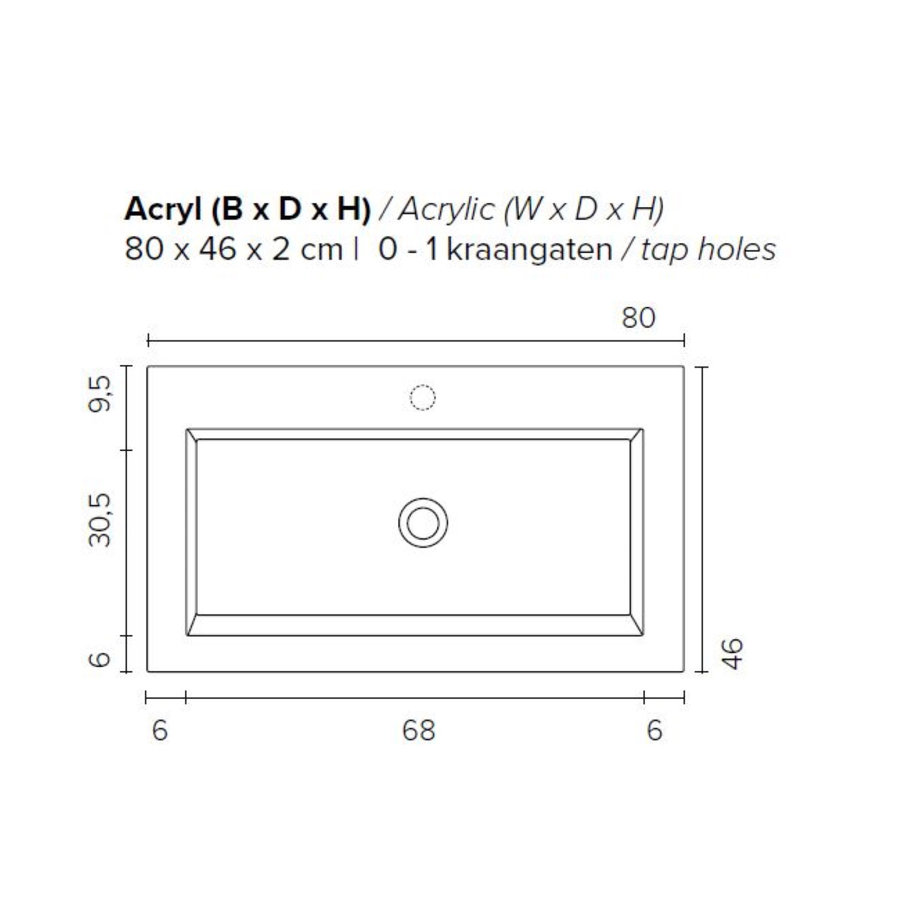 Badkamermeubel BWS Pepper Wastafel Acryl Incl Spiegelkast 2 Deurs Zonder Kraangat 80x55x46 cm Wit
