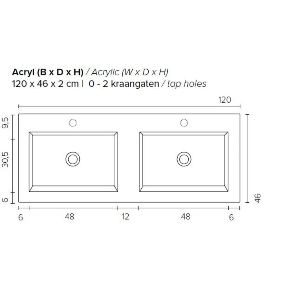 Badkamermeubel Boss & Wessing Pepper Acryl Wastafel Incl Spiegel Twee Kraangaten 120x55x46 cm Wit