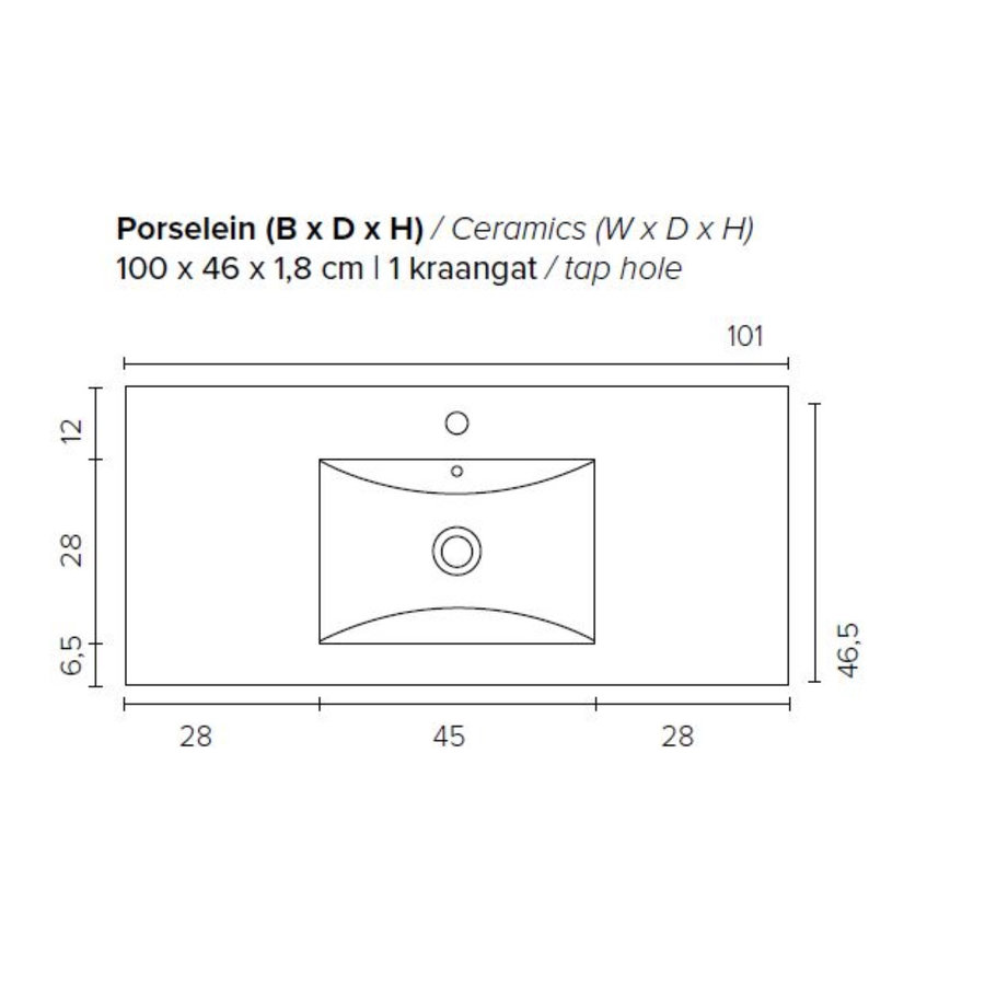 Badkamermeubel Boss & Wessing Pepper Wastafel Porselein Met Kraangat 100x55x46 cm Wit