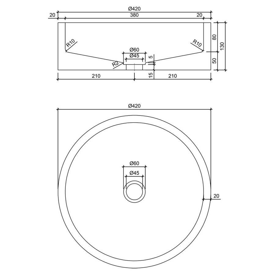 Waskom Differnz Marba Rond 42x42x13 cm Beton Donker