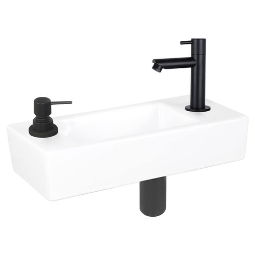 Fonteinset Differnz Sapon Rechts 42.5x18.5x9 cm Geintegreerde Zeepdispenser Keramiek Wit (inclusief mat zwarte kraan sifon en afvoer) 