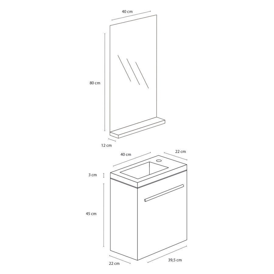 Fonteinmeubelset Differnz Tight 40x22 cm Met Spiegel en Planchet Zwart