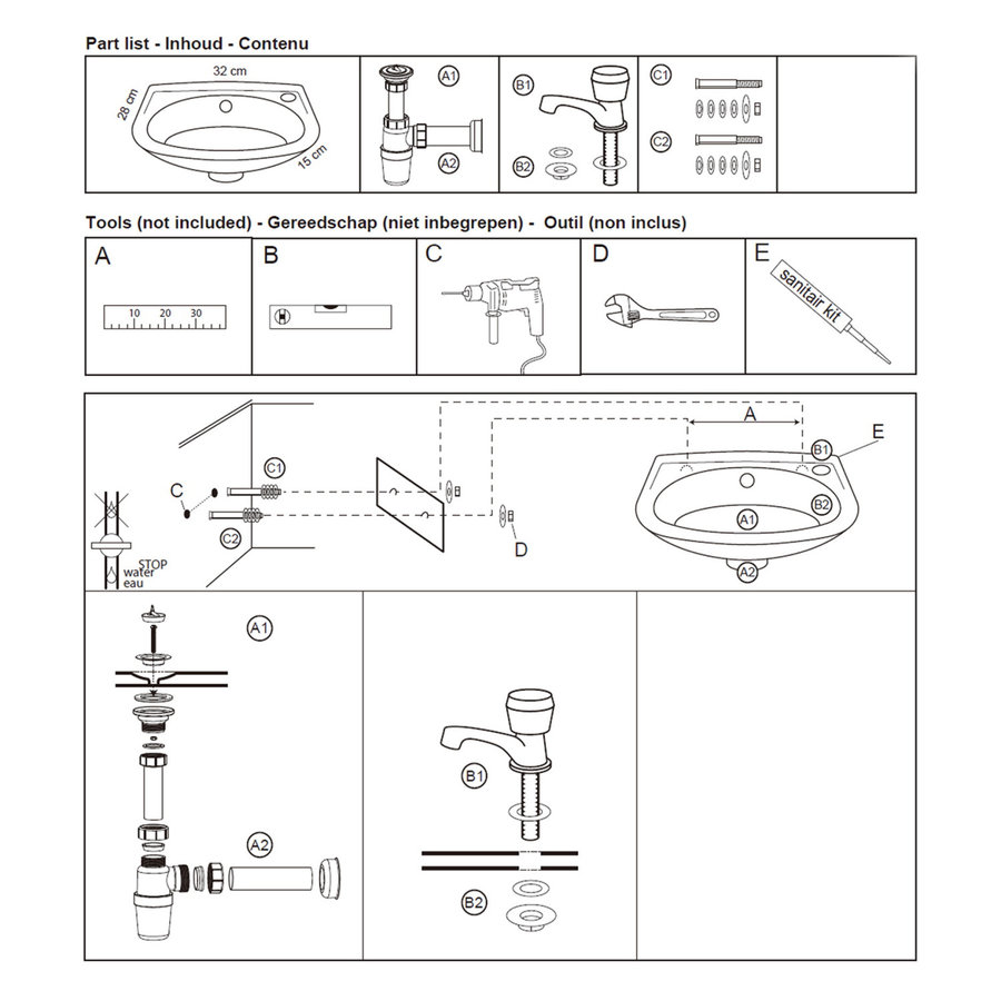 Fonteinset Differnz Gaia 32x28x15cm Wit Met Kraan en Sifon