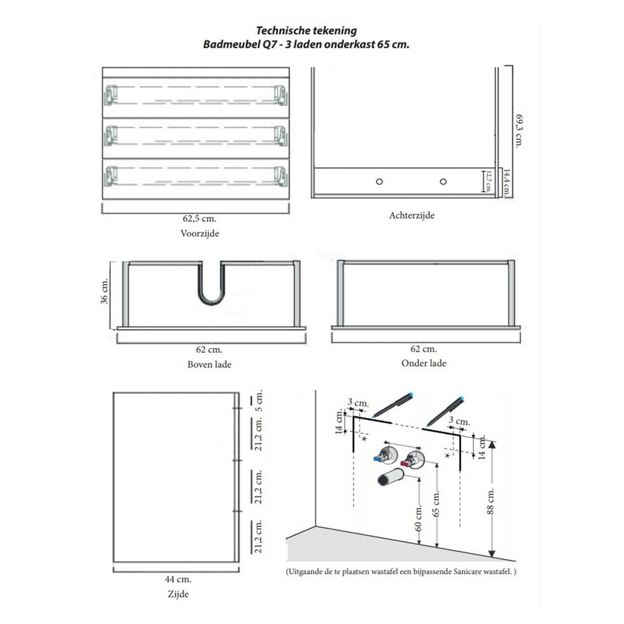 Onderkast Sanicare Q7 Drie Soft-Closing Laden 65x45 cm Belluno-Eiken