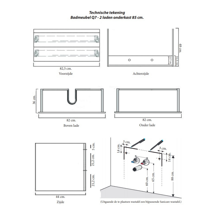 Onderkast Sanicare Q7 Twee Soft-Closing Laden 85x45 cm Belluno-Eiken