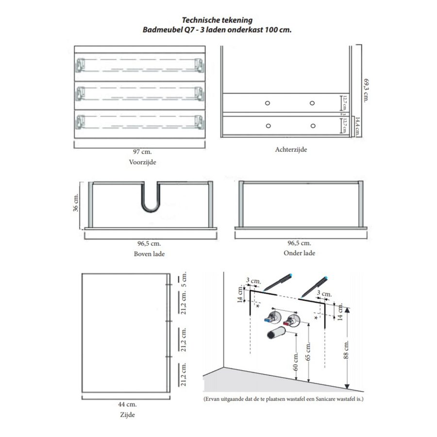 Onderkast Sanicare Q7 Drie Soft-Close Laden Greeploos 100x45 cm Belluno-Eiken