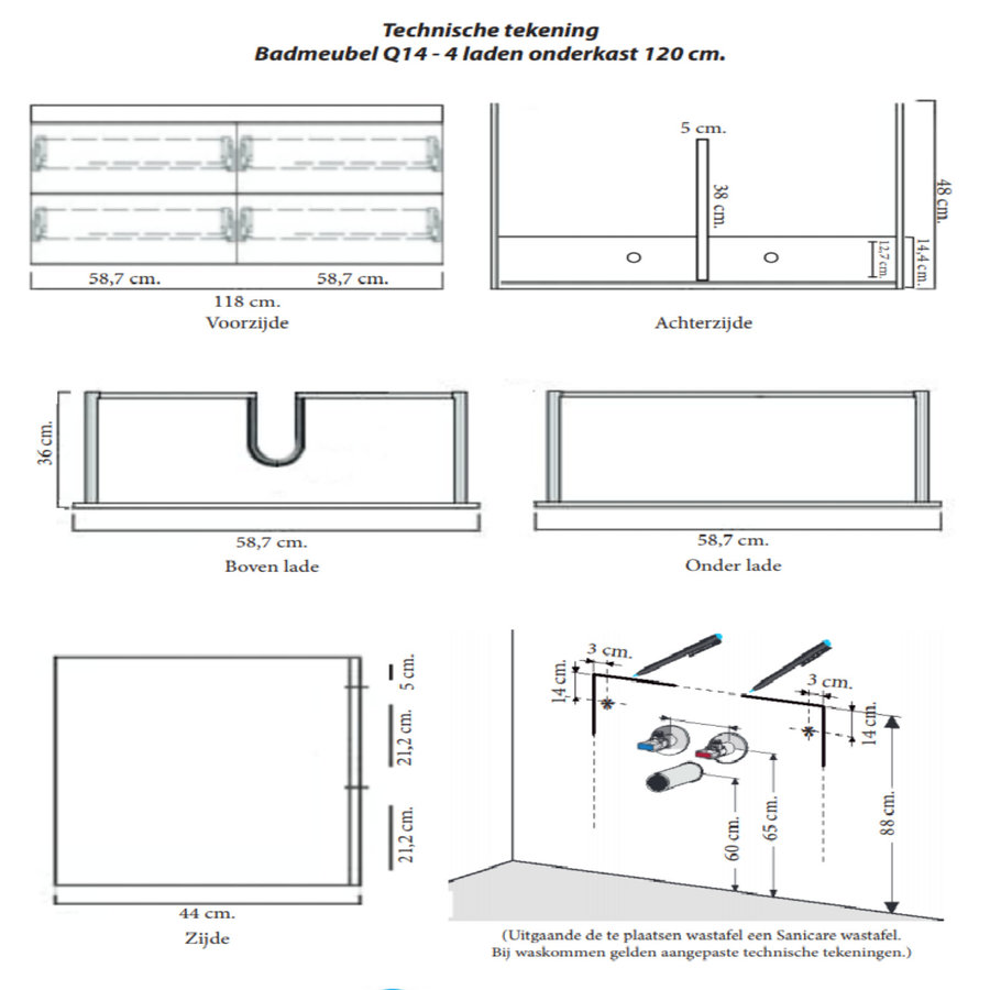 Onderkast Sanicare Q14 4 Laden Chromen Greep Soft-Close 121x46 cm Belluno-Eiken