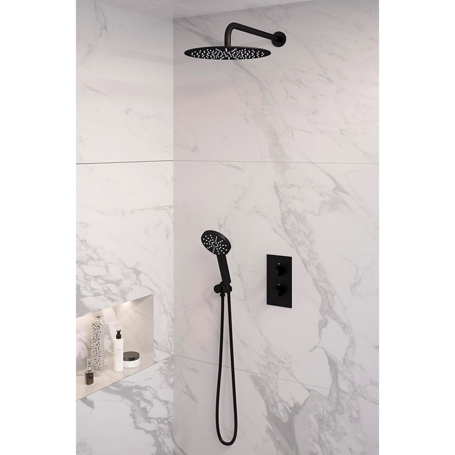 Inbouw Regendouche Set Brauer Black Edition Gebogen Wanduitloop Ronde Hoofddouche 30 cm Met Handdouche 3 Standen Mat Zwart