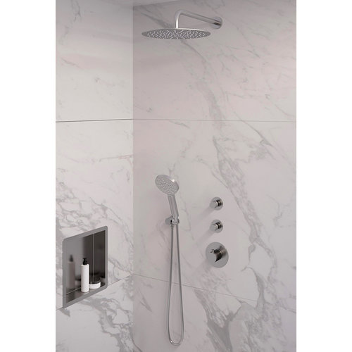 Inbouw Regendouche Set Brauer Brushed Edition Gebogen Wanduitloop Ronde Hoofddouche 30 cm Met Twee Stopkranen en Handdouche 3 Standen RVS Look 