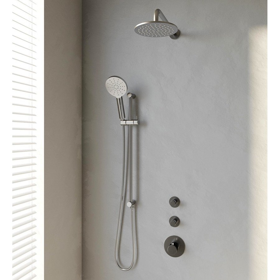 Inbouw Regendouche Set Brauer Brushed Edition Gebogen Wanduitloop Ronde Hoofddouche 20 cm Met Twee Stopkranen Glijstang en Handdouche 3 Standen RVS Look