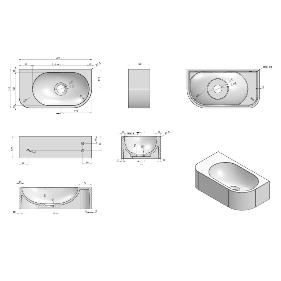 Fontein Luca Sanitair Wand 40x21.5x12 cm Solid Surface Zonder Kraangat Mat Wit Links