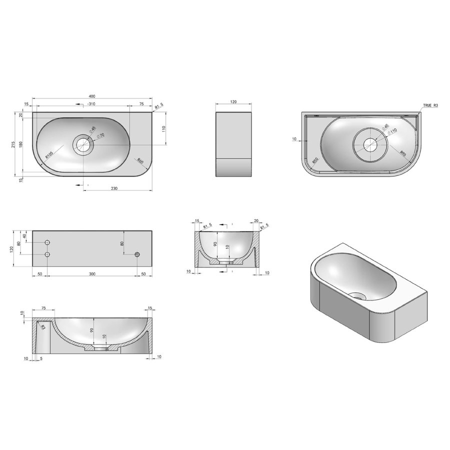 Fontein Luca Sanitair Wand 40x21.5x12 cm Mineral Stone Zonder Kraangat Glans Wit Rechts