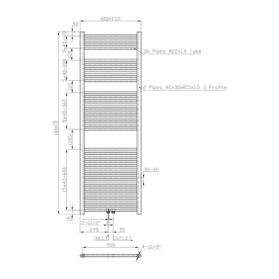 Radiator Sanilux Lydia 180x60cm 996 Watt Midden-onder Aansluiting Grafiet (incl. bevestigingsset, blindstop en ontluchter)