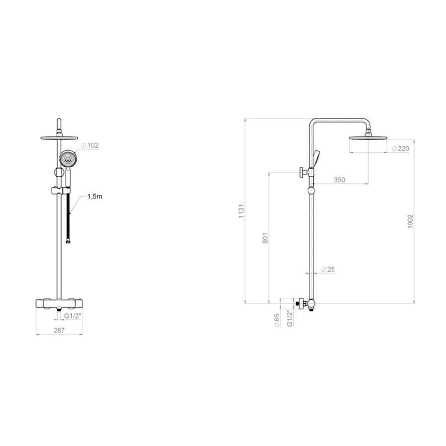 Douchesysteem Plieger Voda Thermostatisch met Douchekraan, Hoofddouche, Handdouche en Doucheslang HOH 15 cm Chroom