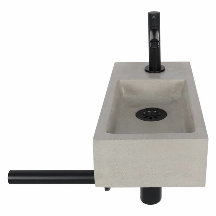 Fonteinset Differnz Jukon Rechts 38.5x18.5x9 cm Beton Grijs (inclusief mat zwarte kraan sifon en afvoer)