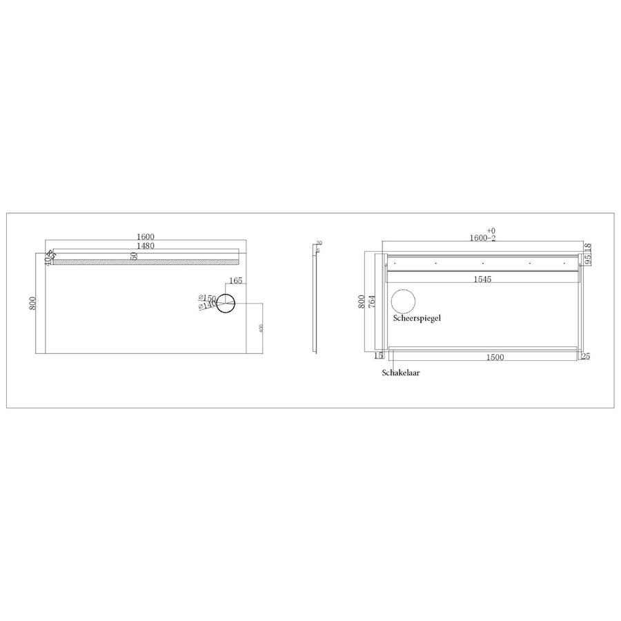 Badkamerspiegel Aqua Splash Mire Rechthoek Inclusief LED Verlichting + Scheerspiegel 160 cm