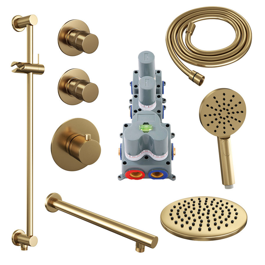 Regendoucheset Inbouw Brauer Gold Edition Thermostatisch 20cm met Wandarm, Glijstang en Handdouche 3-Standen Losse Stopkranen Geborsteld Goud