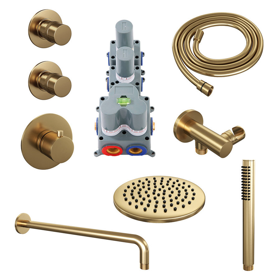 Regendoucheset Inbouw Brauer Gold Edition Thermostatisch 20cm met Gebogen Wandarm en Handdouche Staaf Losse Stopkranen Geborsteld Goud