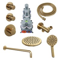 Regendoucheset Inbouw Brauer Gold Edition Thermostatisch 20cm met Gebogen Wandarm en Handdouche 3-Standen Losse Stopkranen Geborsteld Goud
