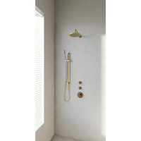 Regendoucheset Inbouw Brauer Gold Edition Thermostatisch 20cm met Gebogen Wandarm, Glijstang en Handdouche Staaf Losse Stopkranen Geborsteld Goud