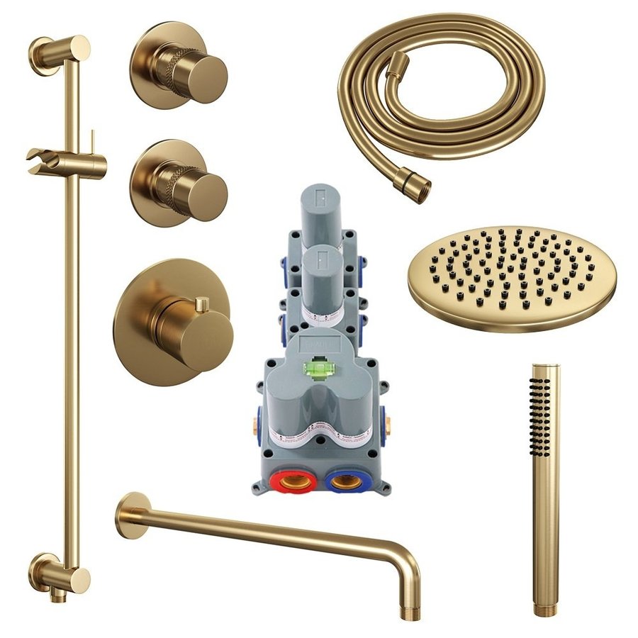 Regendoucheset Inbouw Brauer Gold Edition Thermostatisch 20cm met Gebogen Wandarm, Glijstang en Handdouche Staaf Losse Stopkranen Geborsteld Goud