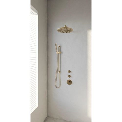 Regendoucheset Inbouw Brauer Gold Edition Thermostatisch 30cm met Gebogen Wandarm, Glijstang en Handdouche Staaf Losse Stopkranen Geborsteld Goud 