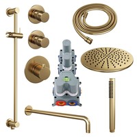 Regendoucheset Inbouw Brauer Gold Edition Thermostatisch 30cm met Gebogen Wandarm, Glijstang en Handdouche Staaf Losse Stopkranen Geborsteld Goud
