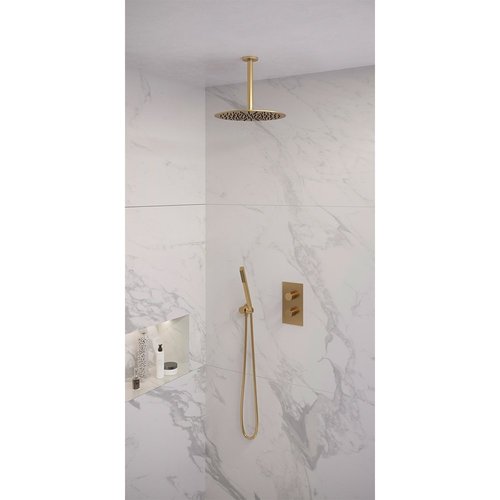 Regendoucheset Inbouw Brauer Gold Edition Thermostatisch 30cm met 3-Weg Omstelling, Plafondarm en Staaf Handdouche Geborsteld Goud 