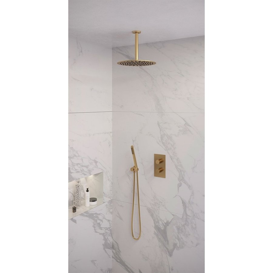 Regendoucheset Inbouw Brauer Gold Edition Thermostatisch 30cm met 3-Weg Omstelling, Plafondarm en Staaf Handdouche Geborsteld Goud