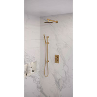 Regendoucheset Inbouw Brauer Gold Edition Thermostatisch 30cm met 3-Weg Omstelling, Wandarm, Glijstang en Staaf Handdouche Geborsteld Goud