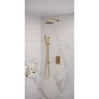 Regendoucheset Inbouw Brauer Gold Edition Thermostatisch 20cm met 3-Weg Omstelling, Gebogen Wandarm, Glijstang en Staaf Handdouche Geborsteld Goud