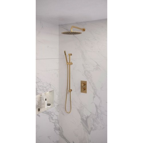Regendoucheset Inbouw Brauer Gold Edition Thermostatisch 30cm met 3-Weg Omstelling, Gebogen Wandarm, Glijstang en Staaf Handdouche Geborsteld Goud 
