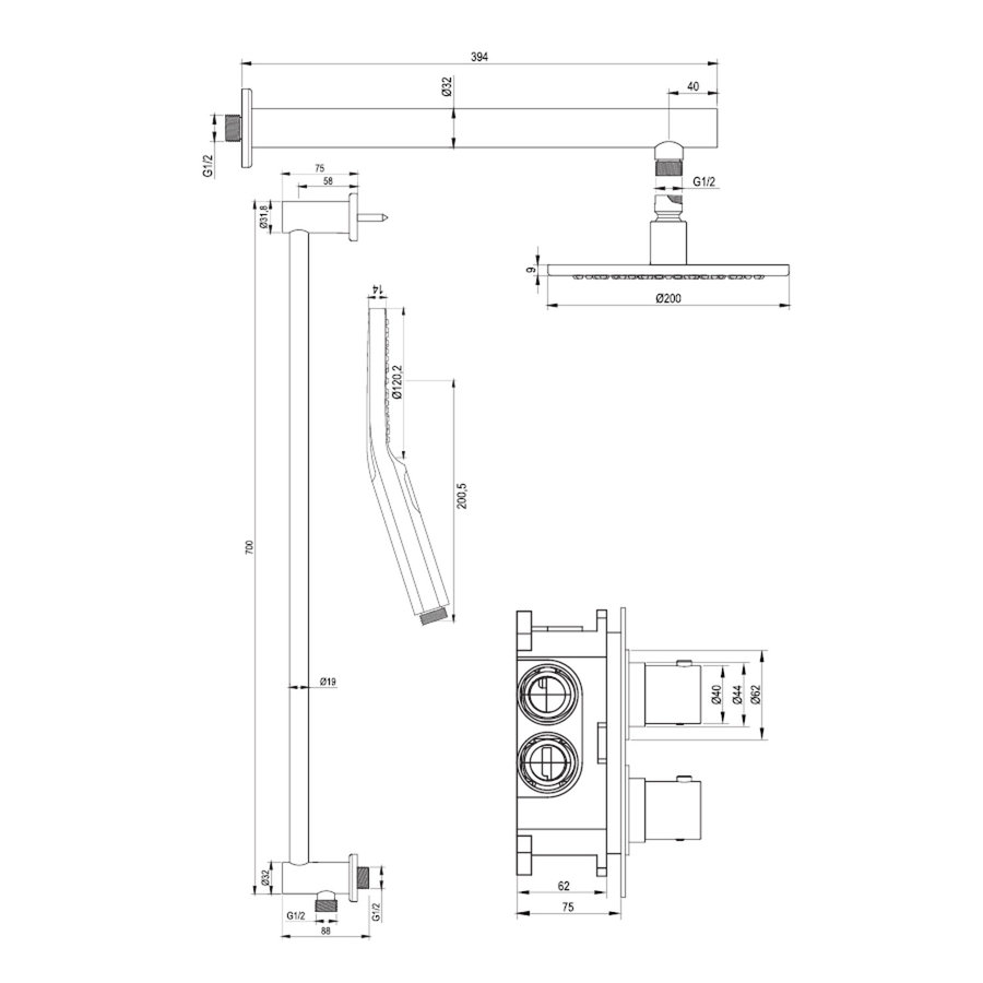 Regendoucheset Inbouw Brauer Gold Edition Thermostatisch 20cm met 3-Weg Omstelling, Wandarm, Glijstang en Handdouche 3-Standen Geborsteld Goud