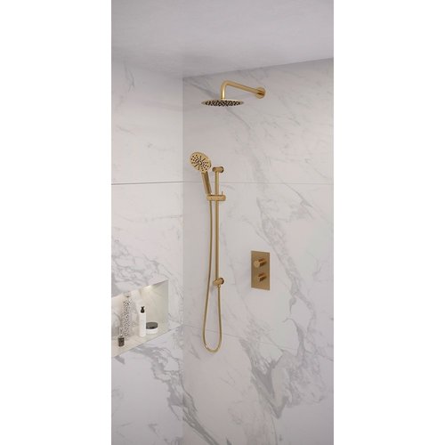 Regendoucheset Inbouw Brauer Gold Edition Thermostatisch 20cm met 3-Weg Omstelling, Gebogen Wandarm, Glijstang en Handdouche 3-Standen Geborsteld Goud 