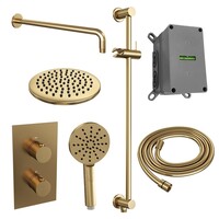 Regendoucheset Inbouw Brauer Gold Edition Thermostatisch 20cm met 3-Weg Omstelling, Gebogen Wandarm, Glijstang en Handdouche 3-Standen Geborsteld Goud