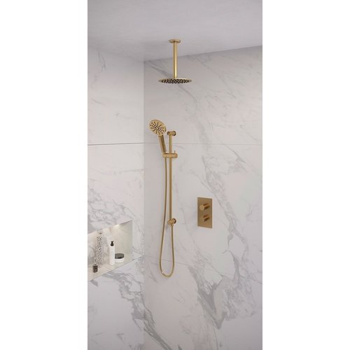 Regendoucheset Inbouw Brauer Gold Edition Thermostatisch 20cm met 3-Weg Omstelling, Plafondarm, Glijstang en Handdouche 3-Standen Geborsteld Goud 