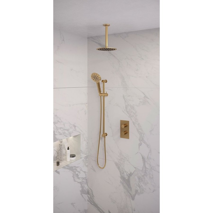 Regendoucheset Inbouw Brauer Gold Edition Thermostatisch 20cm met 3-Weg Omstelling, Plafondarm, Glijstang en Handdouche 3-Standen Geborsteld Goud