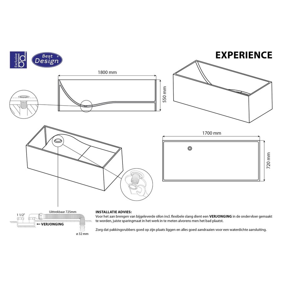 Vrijstaand Bad Best Design Experience 170x72x55 cm Solid Surface Mat Wit