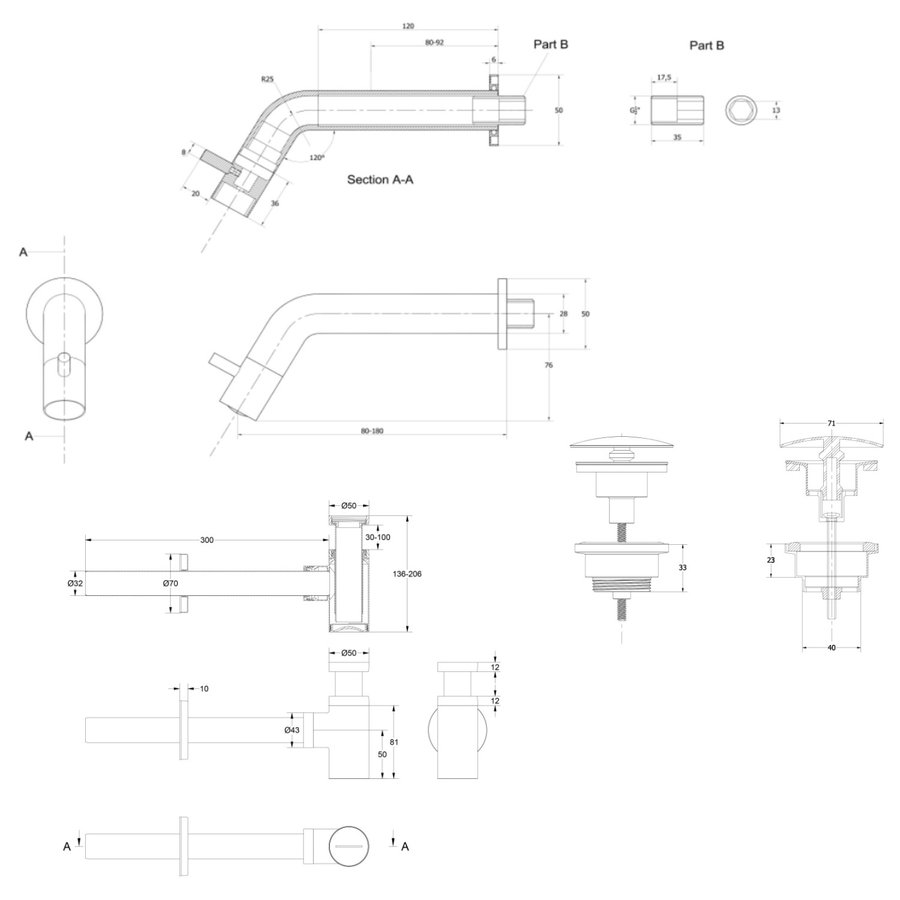 Fonteinkraanset INK Inbouw Inkortbaar Inclusief Waste en Design Sifon Metal Black