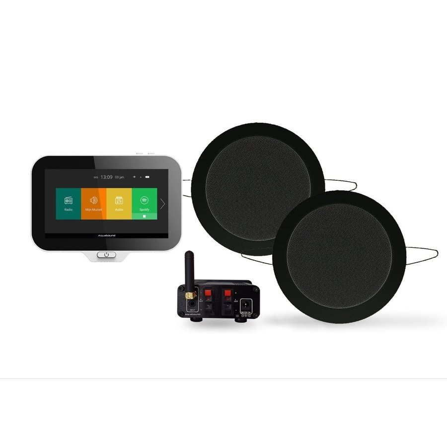 Music Center Aquasound N-Joy Controller (IPX7) + Wand Lader + Twist Speakerset + Mini-Box / 50 Watt Mat Zwart