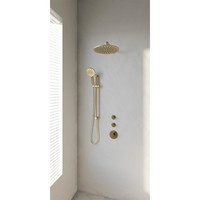 Regendoucheset Inbouw Brauer Gold Edition Thermostatisch 30cm met Gebogen Wandarm, Glijstang en Handdouche 3-Standen Losse Stopkranen Geborsteld Goud
