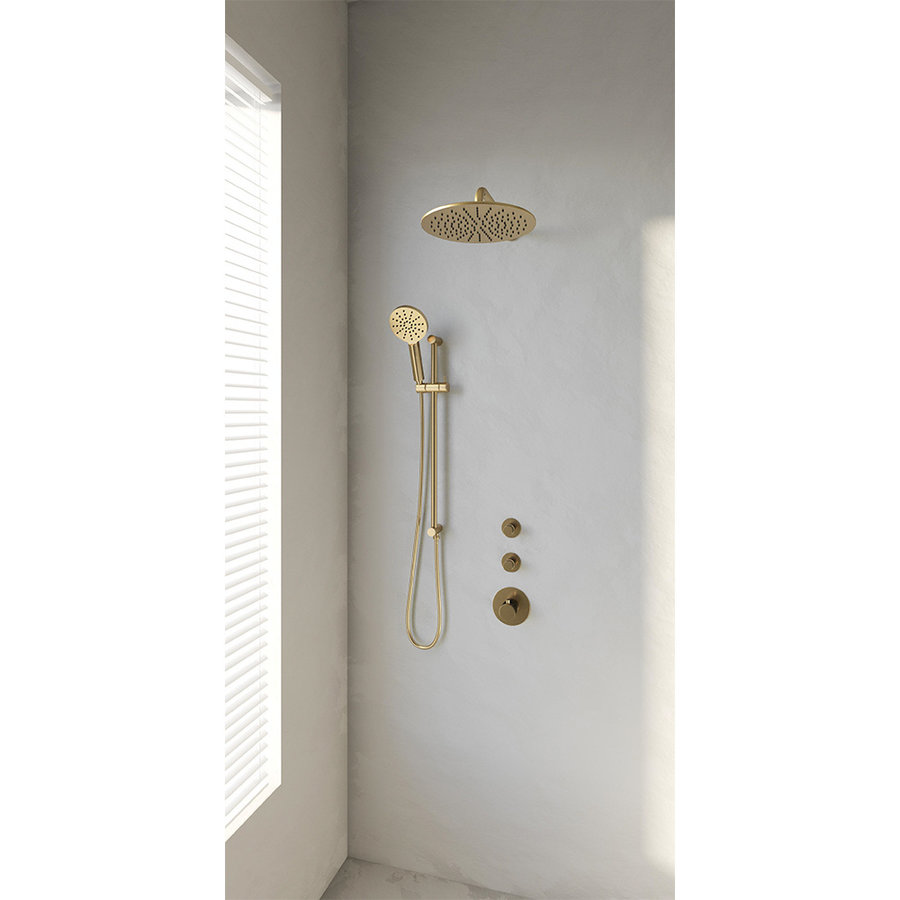 Regendoucheset Inbouw Brauer Gold Edition Thermostatisch 30cm met Gebogen Wandarm, Glijstang en Handdouche 3-Standen Losse Stopkranen Geborsteld Goud