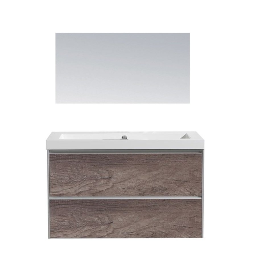 Badkamermeubel Sanilux PL 80 Greeploos Incl Spiegel En Wastafel Century Oak Multiplex 80x47x50 cm