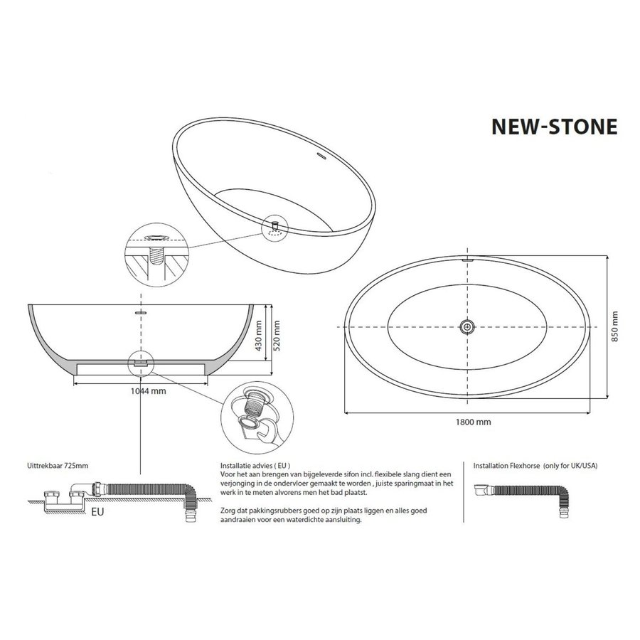 Vrijstaand Ligbad Best Design Craquelé-stone Just-Solid 180x85x52 cm Lava Grijs